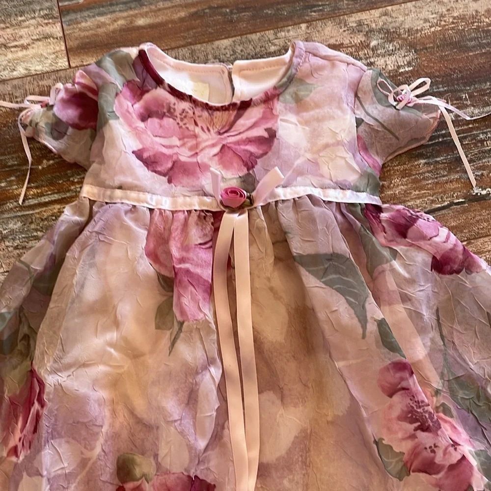 Biscotti pink floral 12 month dress with ribbon accents